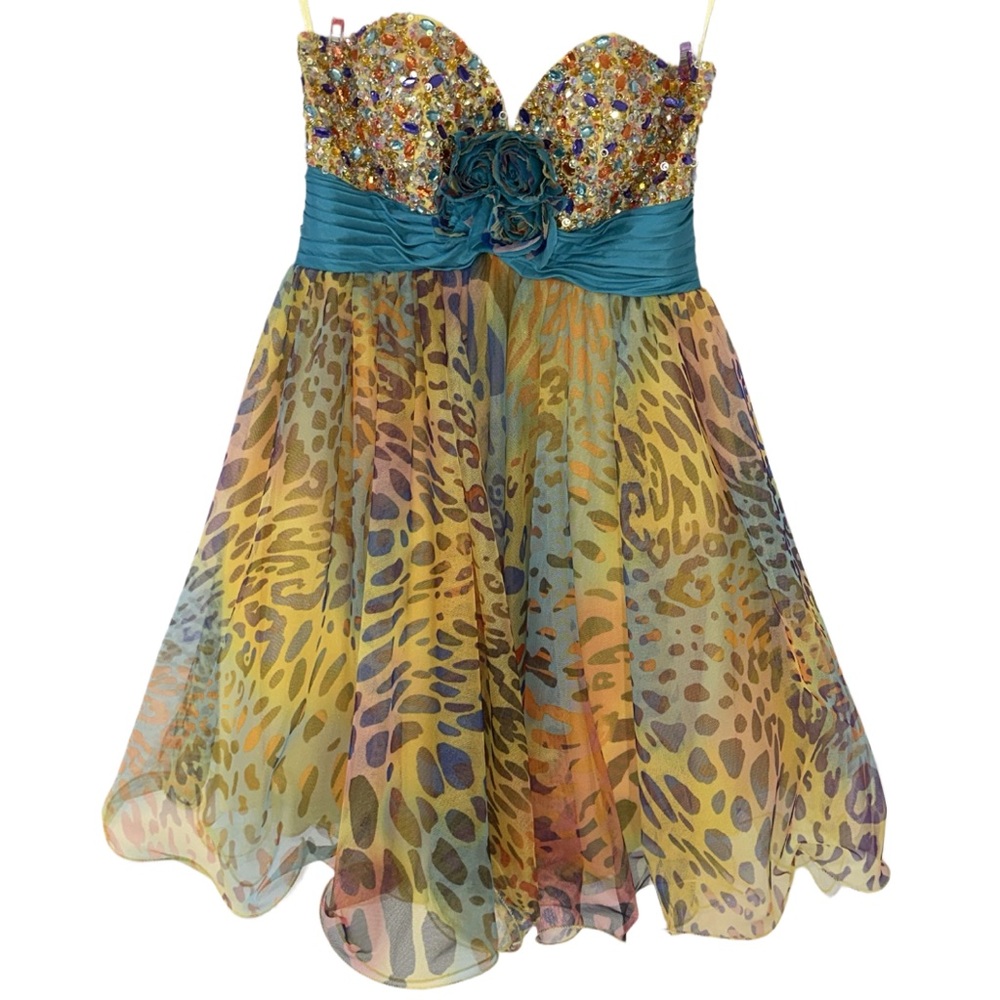 Y2K JOVANI women's multi beaded animal print strapless prom/cocktail dress, 2 US